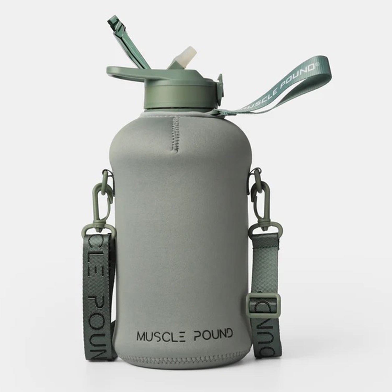 Muscle Pound Half Gallon Jug Covered Straw Lid With Sleeve BPA Free 75oz Green