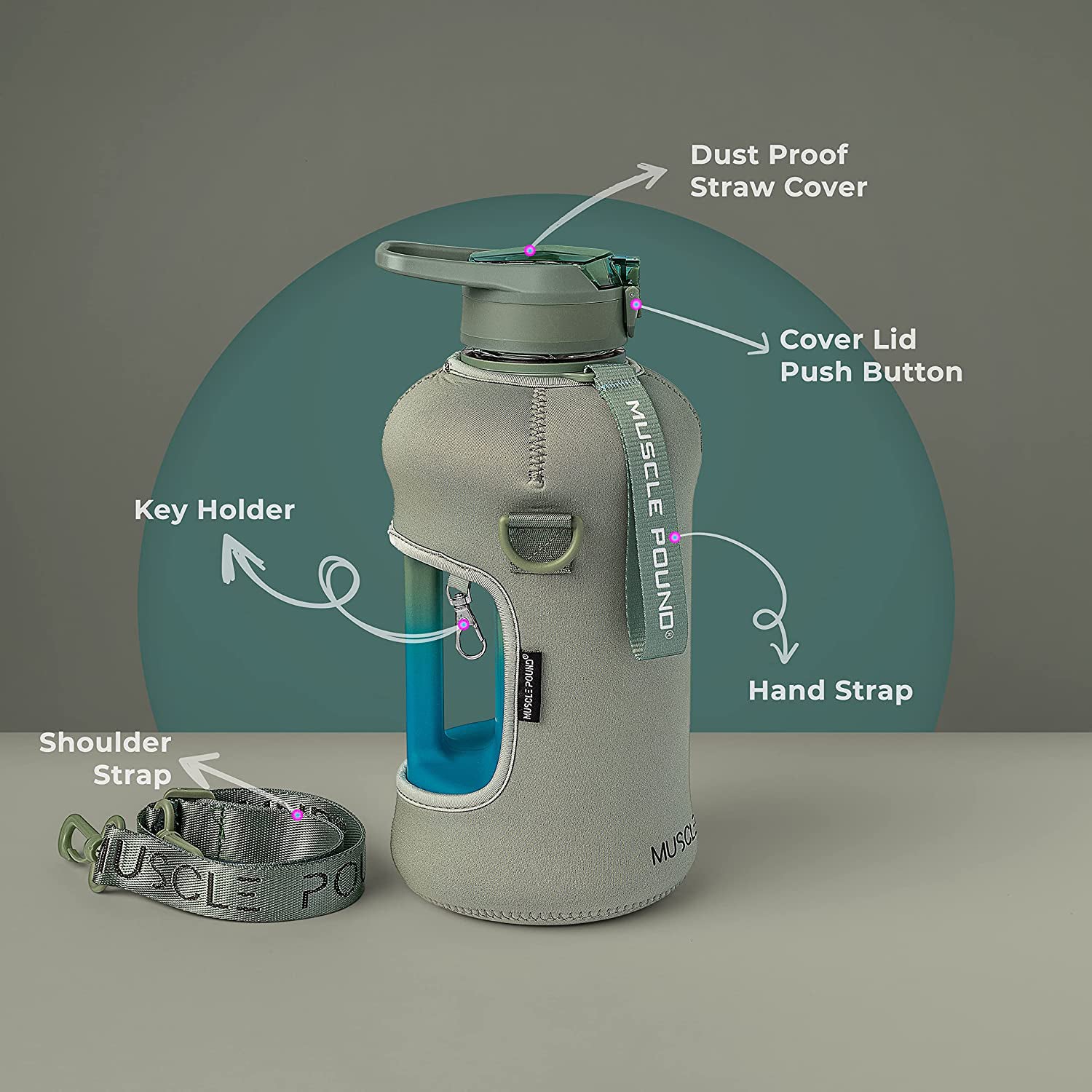 Muscle Pound Half Gallon Jug Covered Straw Lid With Sleeve BPA Free 75oz Green