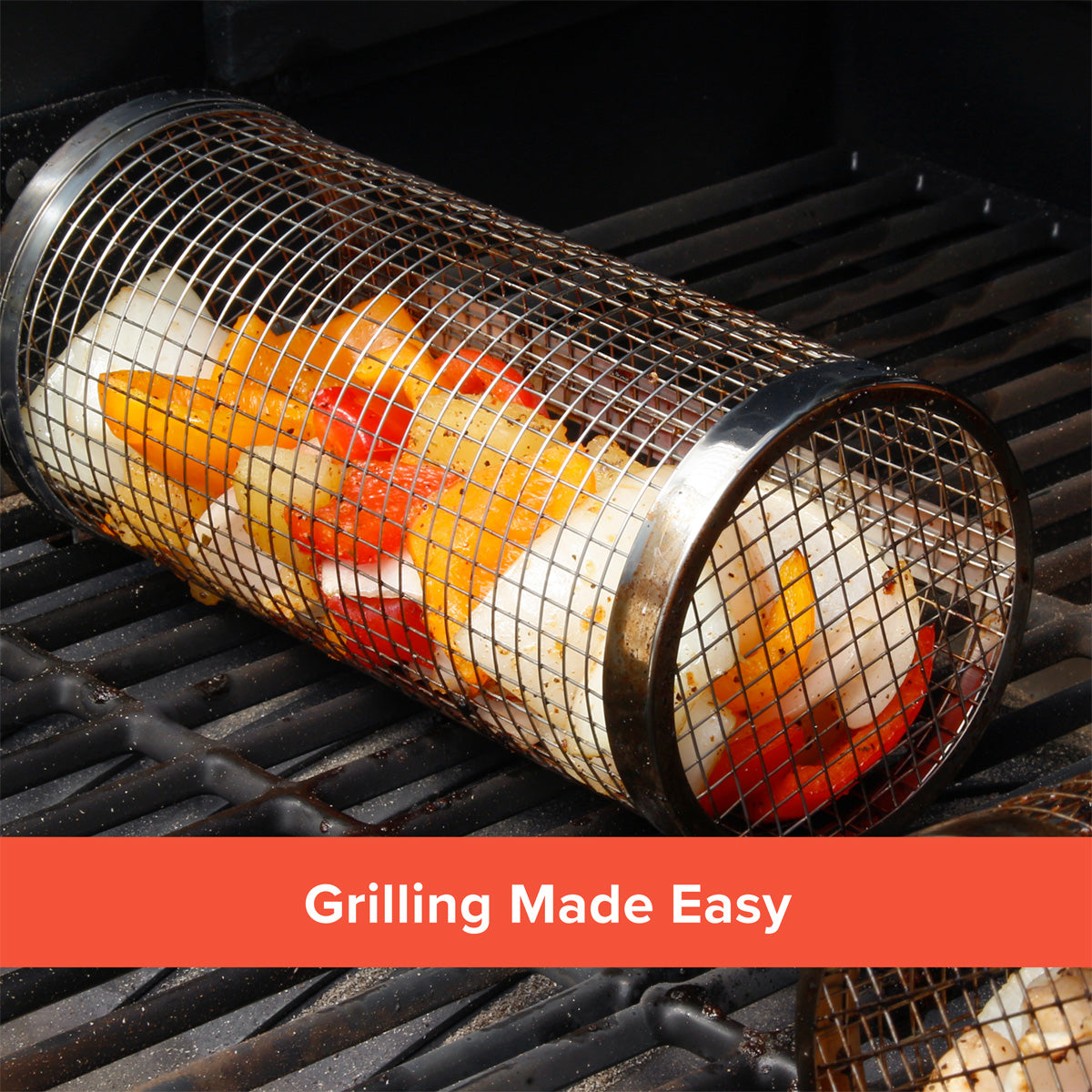 Rolling Grill Basket BBQ Tube Round Mesh Cage Latching Lid Stainless Steel Small
