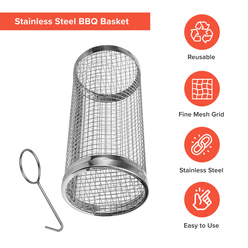 Rolling Grill Basket BBQ Tube Round Mesh Cage Latching Lid Stainless Steel Small