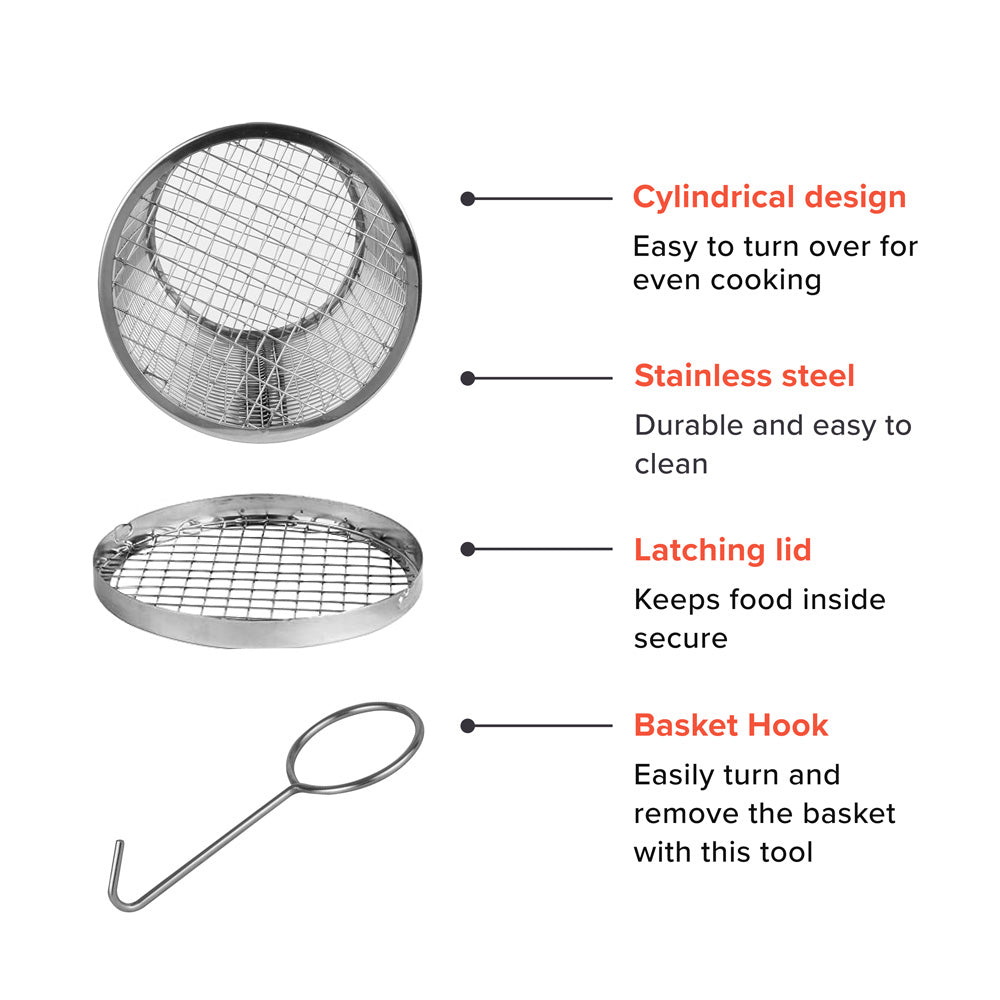 Rolling Grill Basket BBQ Tube Round Mesh Cage Latching Lid Stainless Steel Small