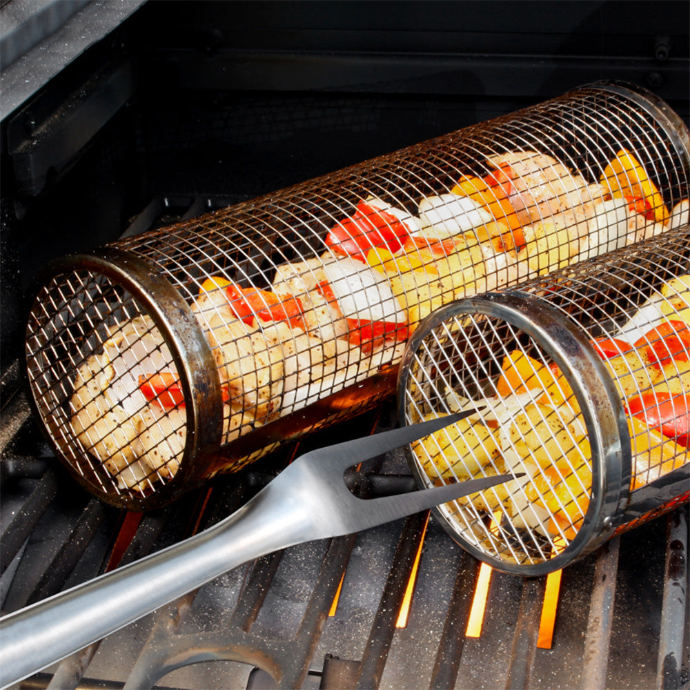 Rolling Grill Basket BBQ Tube Round Mesh Cage Latching Lid Stainless Steel Small