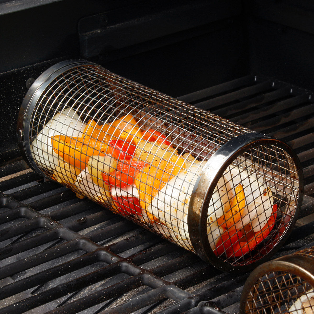 Rolling Grill Basket BBQ Tube Round Mesh Cage Latching Lid Stainless Steel Small