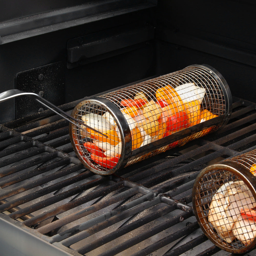 Rolling Grill Basket BBQ Tube Round Mesh Cage Latching Lid Stainless Steel Small