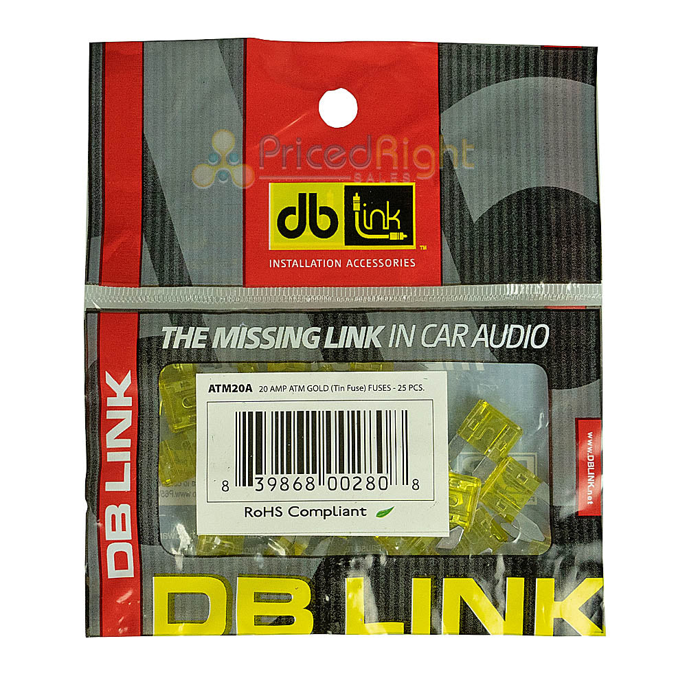 DB Link 20 Amp ATM Mini Fuse, 25-Pack of Fuses Great For Car/Marine Audio ATM20A