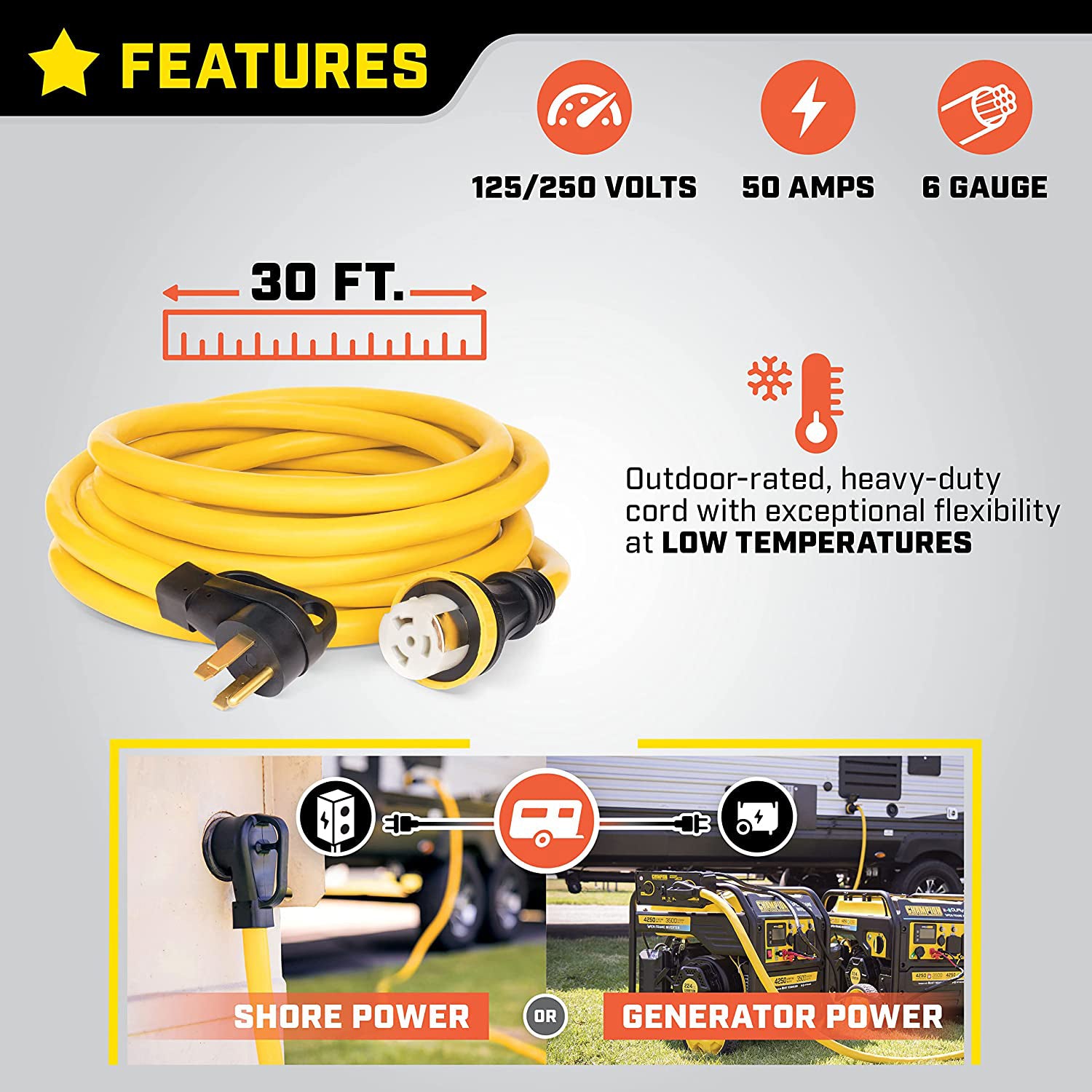 Champion 30ft 50AMP Generator RV Power Cord 125/250V Weather Resistant 100828