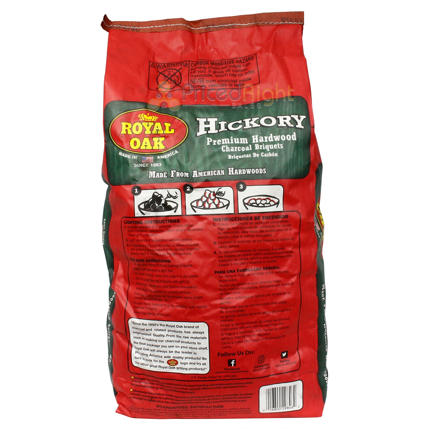 Royal Oak Hickory Charcoal Briquets Premium Hardwood Fast-Start Ridges 16.6 LB