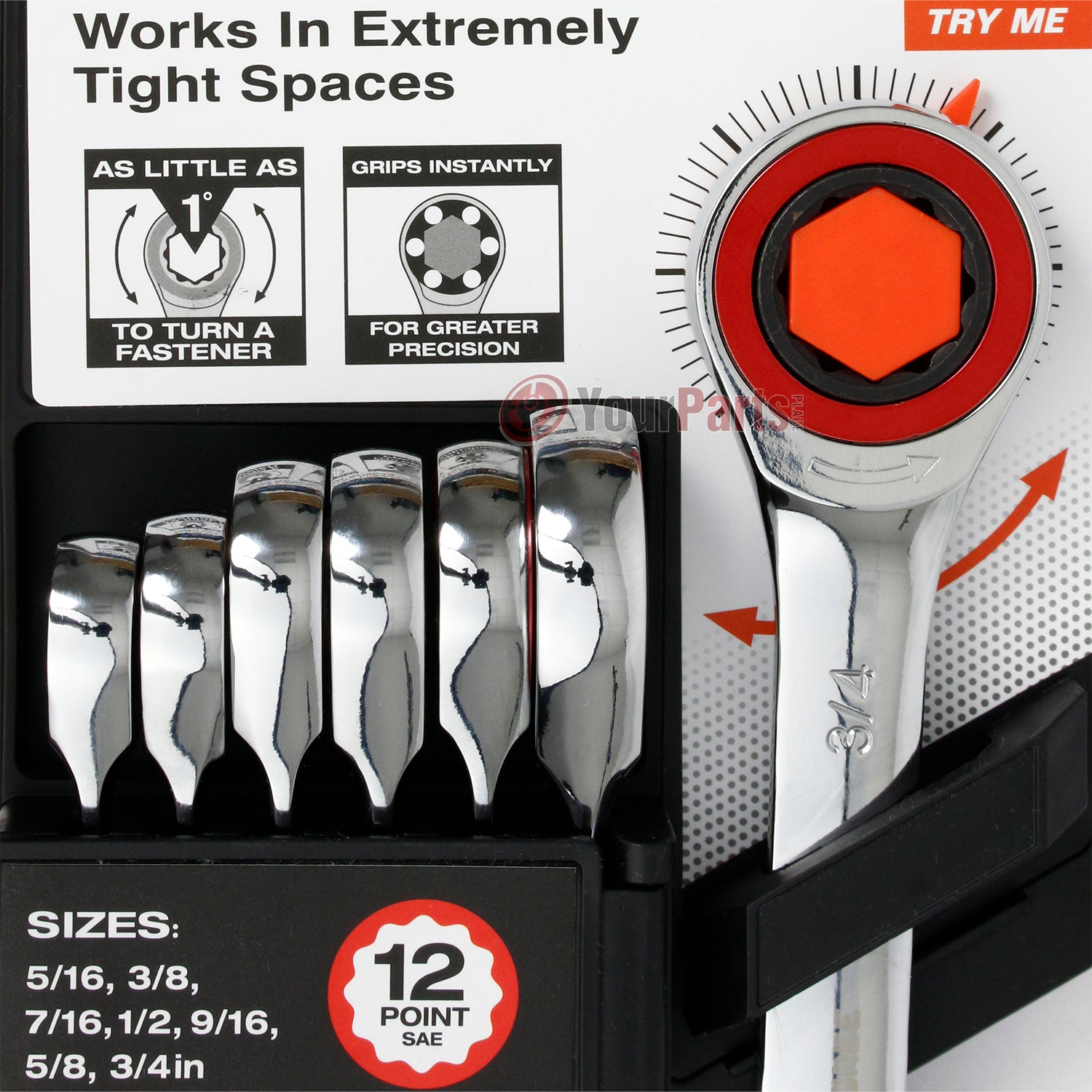 Zero Degree 7 Pc Gearless Ratcheting Wrench Set 12 Point SAE Tight Space Turn