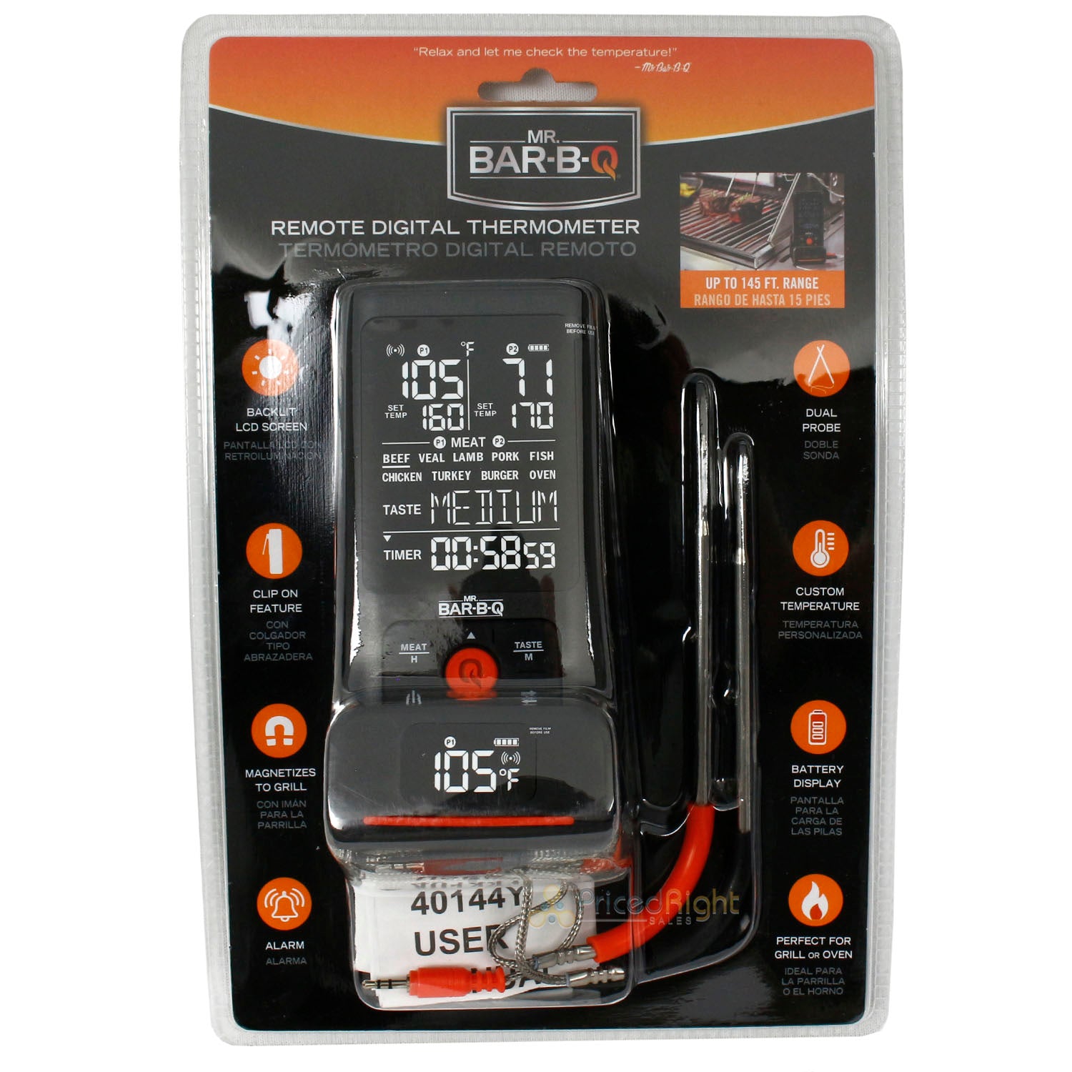 Mr Bar-B-Q Remote Wireless Digital Dual Probe Thermometer LCD Screen 145ft Range