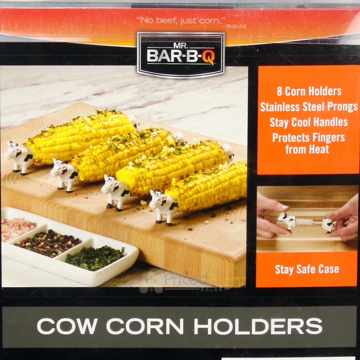 Mr Bar-B-Q Cow Corn Cob Holders Stainless Steel Prongs 4 Pairs W/ Safe Cases
