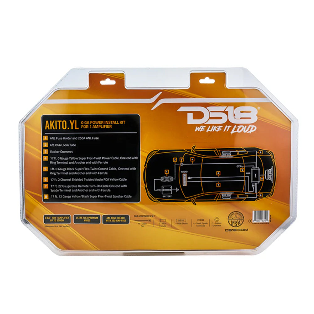 DS18 Amplifier Wiring Installation Kit 0 Gauge CCA 3500W RMS Yellow AKIT0.YL