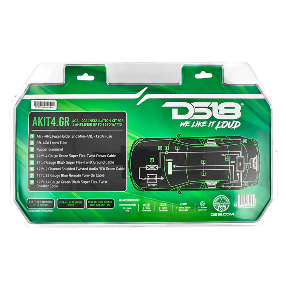 DS18 Amp Wiring Kit Installation Green CCA 4 Gauge 1680W AKIT4.GR