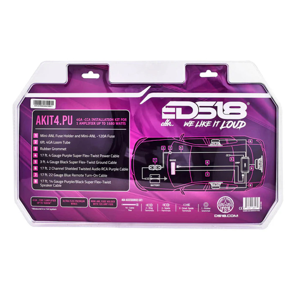 DS18 Amp Wiring Kit Installation Accessory Purple CCA 4 Gauge 1680W AKIT4.PU