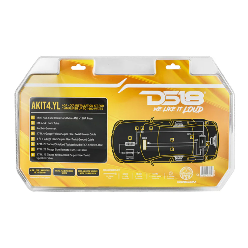 DS18 Amplifier Wiring Installation Kit Yellow CCA 4 Gauge 1680W AKIT4.YL