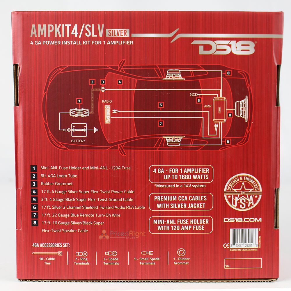 DS18 4 Gauge Amp Kit Wiring Amplifier Complete Install Cables AMPKIT4/SLV CCA