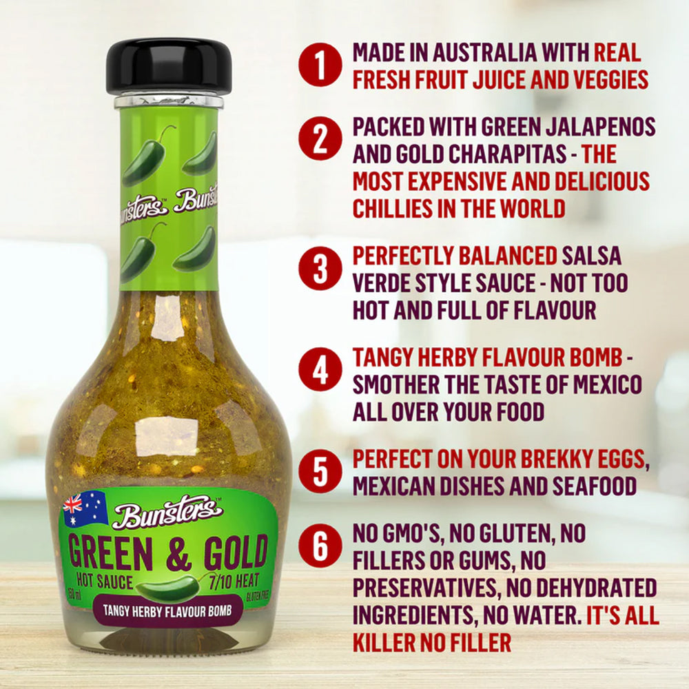 Bunsters Green & Gold Hot Sauce 5 Oz 6/10 Heat Aussie Salsa Verde BUNSTERS-2401