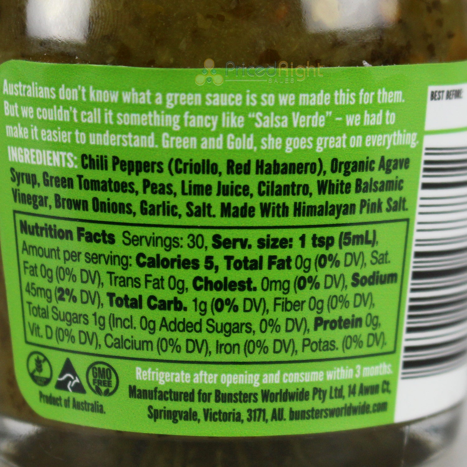 Bunsters Green & Gold Hot Sauce 5 Oz 6/10 Heat Aussie Salsa Verde BUNSTERS-2401