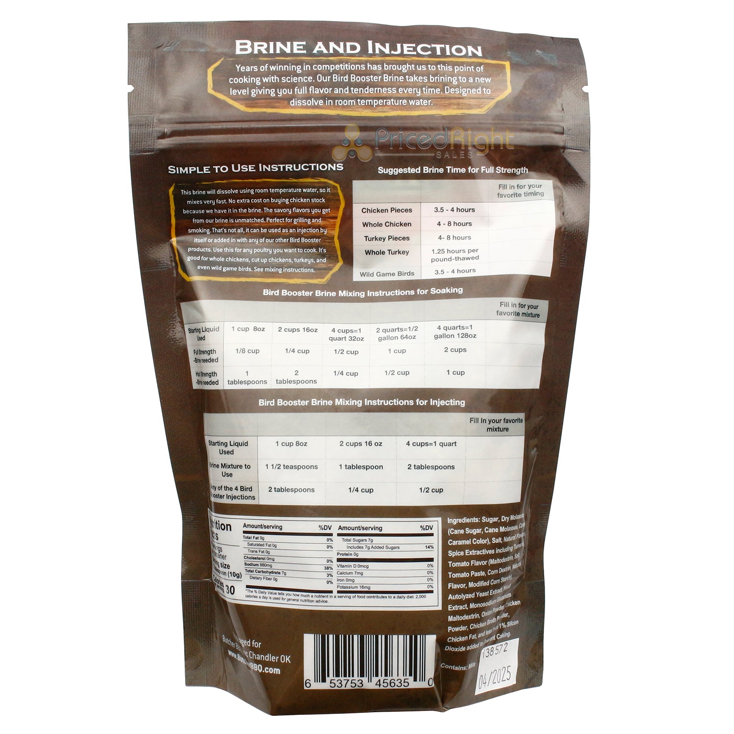 Butcher BBQ Bird Booster Brine and Injection Chicken Turkey Resealable 16 Oz Bag