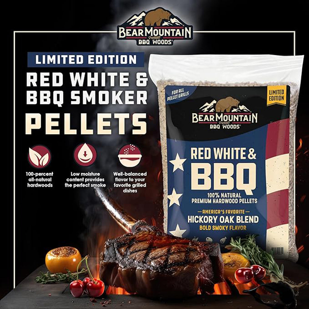 Bear Mountain Red White & BBQ Hardwood Pellets 20lb Bag Hickory and Oak FK51