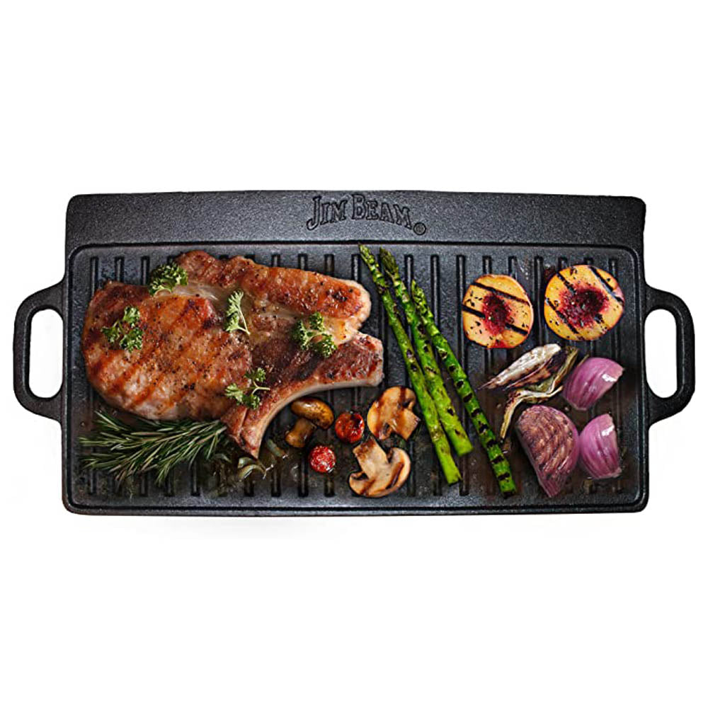 Jim Beam Pre Seasoned Heavy Duty Double Sided Cast Iron Griddle Pan Black JB0168