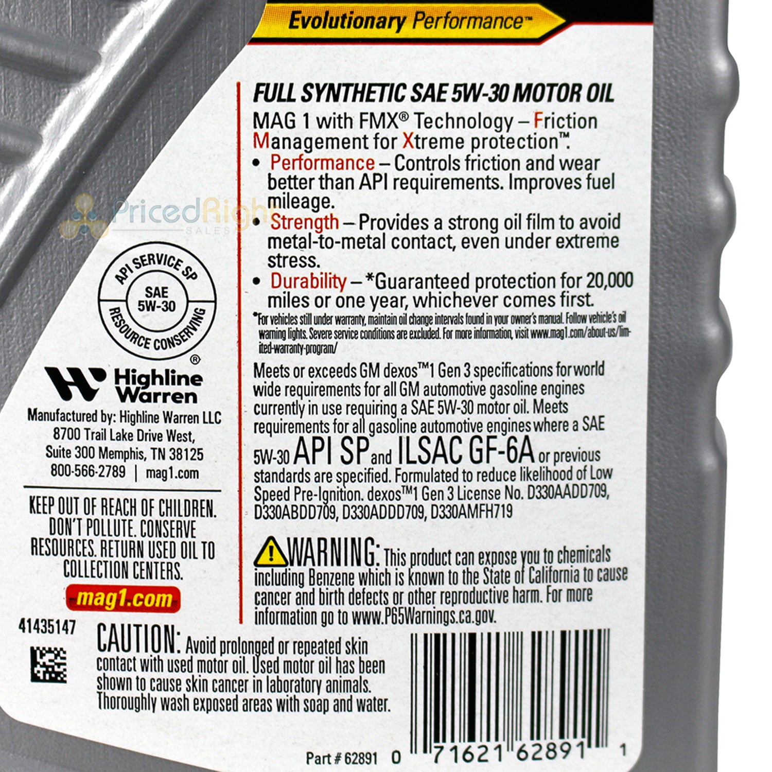 MAG1 Full Synthetic Motor Oil 5W30 1 QT 946 mL API SN PLUS ILSAC GF-5 MAG61790