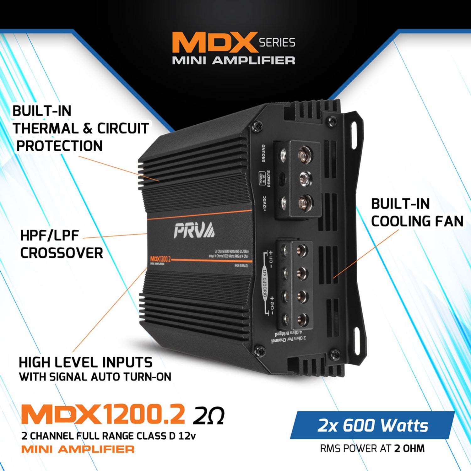 PRV Audio MDX1200.2 2 Ohm 2 Channel 1200W RMS Full Range Ultra Compact Amplifier