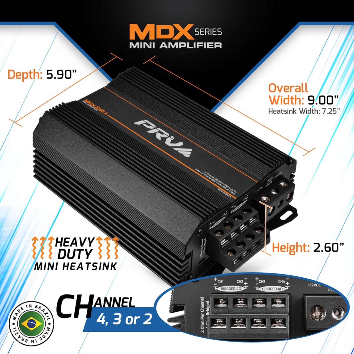 PRV Audio MDX2000.4 2 Ohm 4 Channel 2000W RMS Full Range Ultra Compact Amplifier