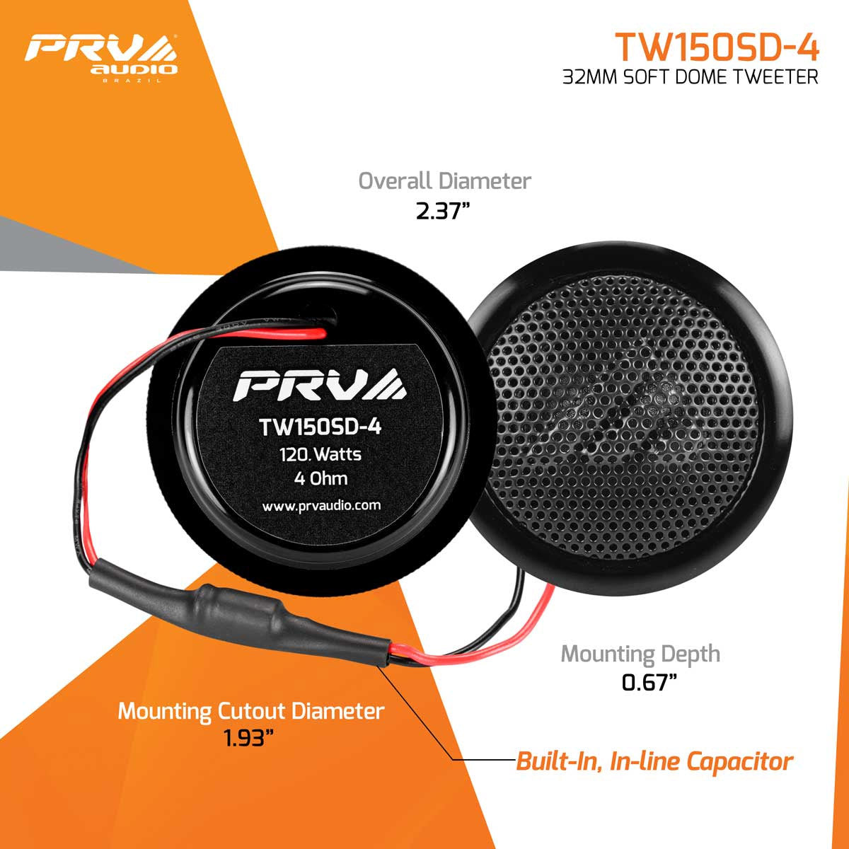 PRV Audio Soft Dome Tweeter Built-In Crossover 240 Watts Max 4 Ohm TW150SD-4