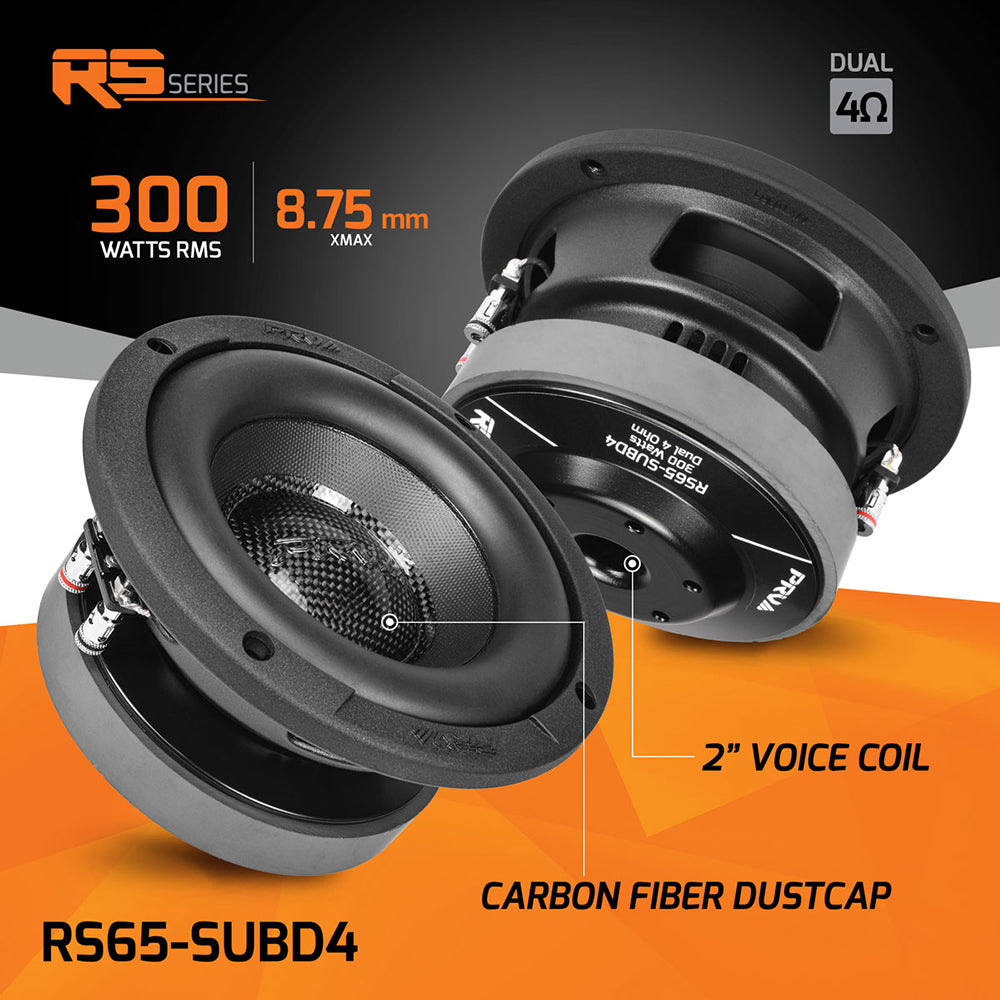PRV 6.5" Subwoofer 300W RMS 600W Peak Dual 4 Ohm Compact Design RS65-SUBD4
