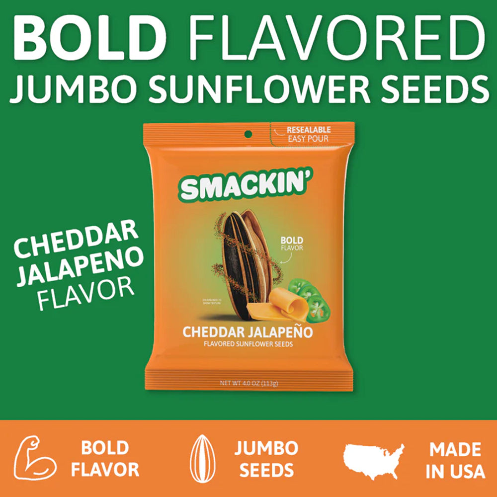 SMACKIN'  Cheddar Jalapeno Sunflower Seeds 4oz Keto Low Sodium American Made