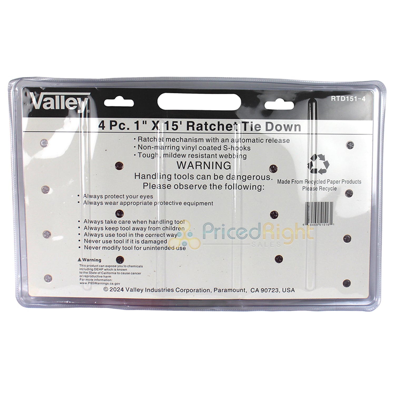 4 Piece 15' x 1" Ratcheting Tie Down w/ Automatic Release Valley T1-RTD1514