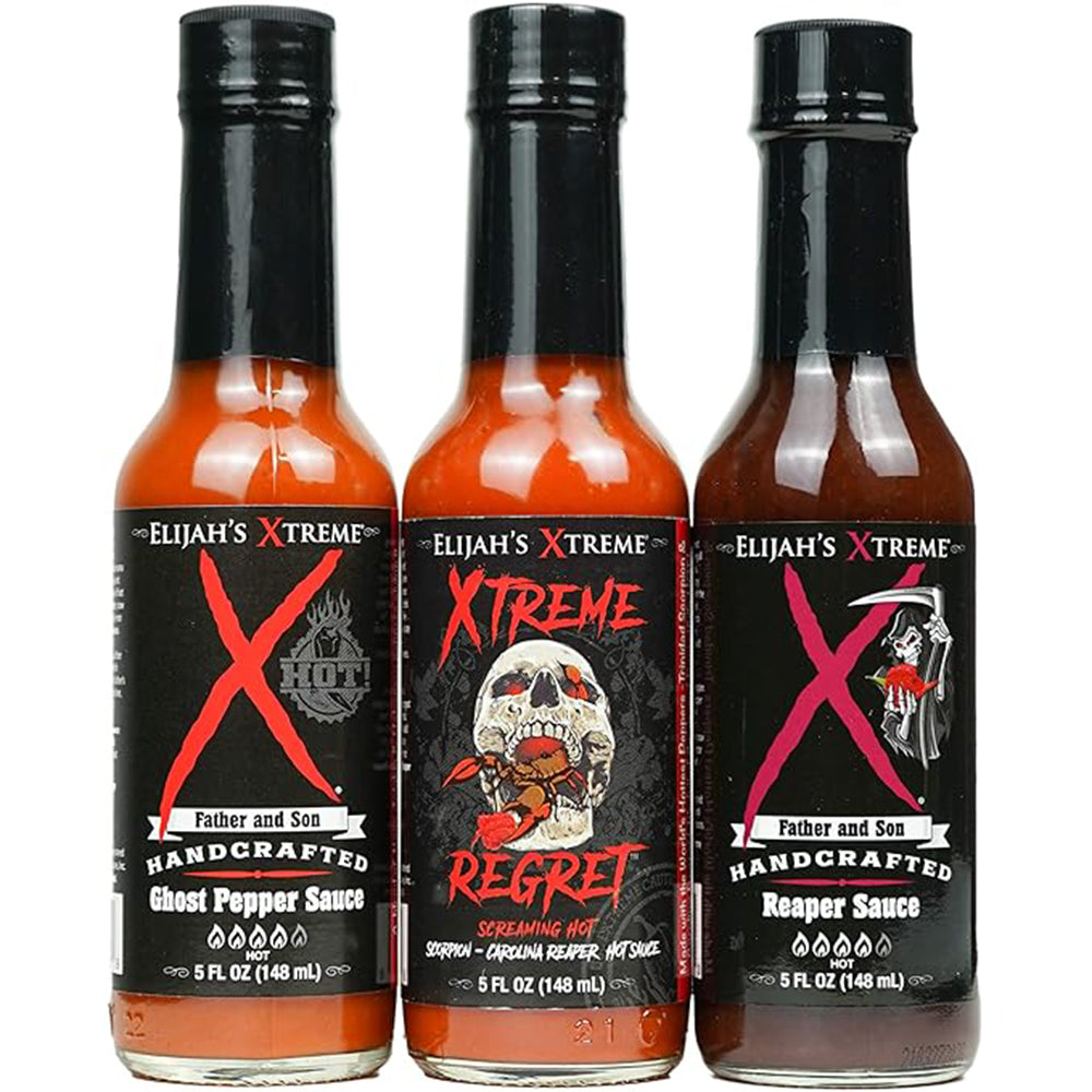 Elijah's Xtreme Trio Variety Hot Sauce Pack Reaper Ghost Pepper Regret XTVPHS