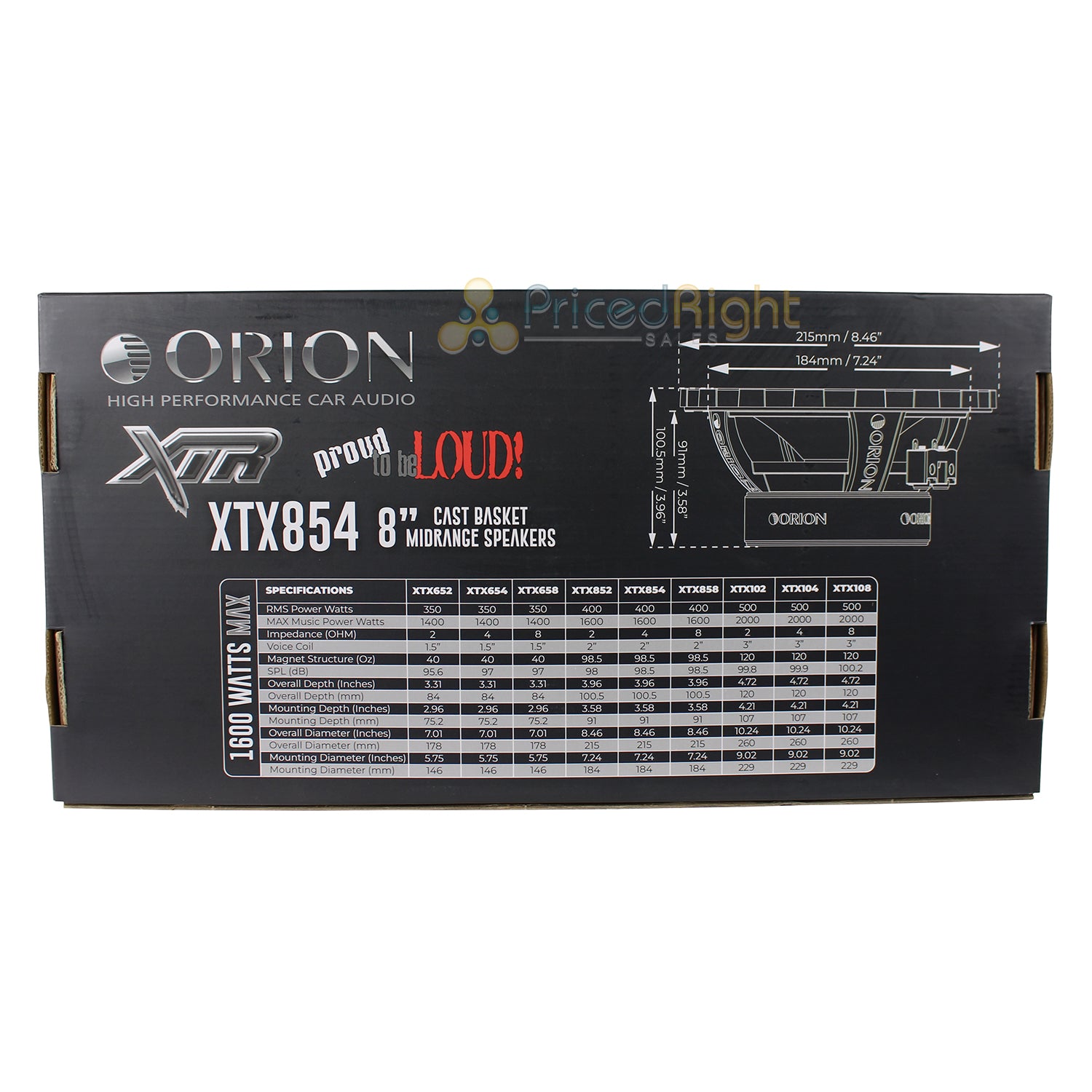 Orion 1600W 8" Mid Range Bass Loud 4 Ohm Set of 2 Speakers 400W RMS XTX854