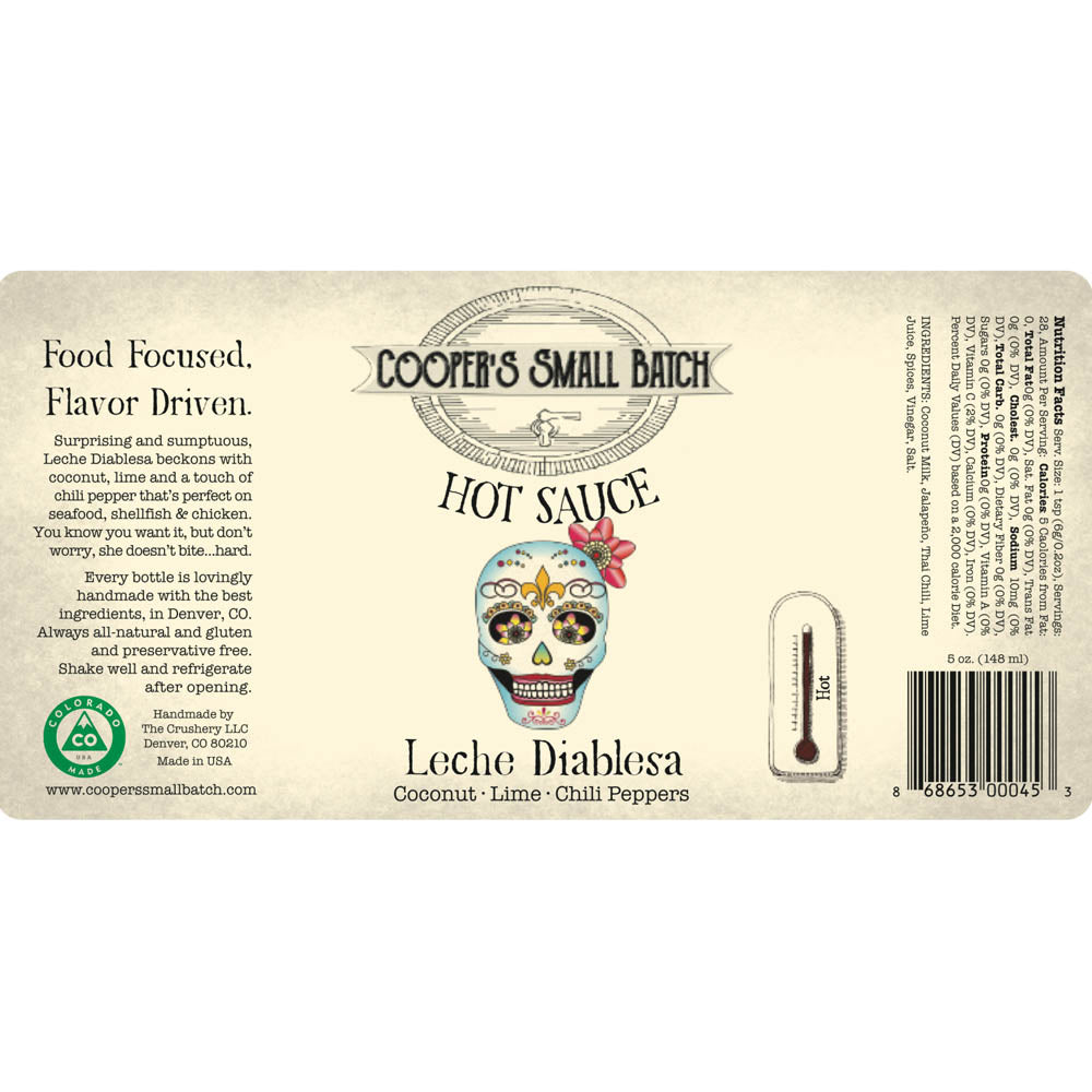 Leche Diablesa White Hot Sauce Coconut Lime Cooper's Small Batch 5 Oz Bottle