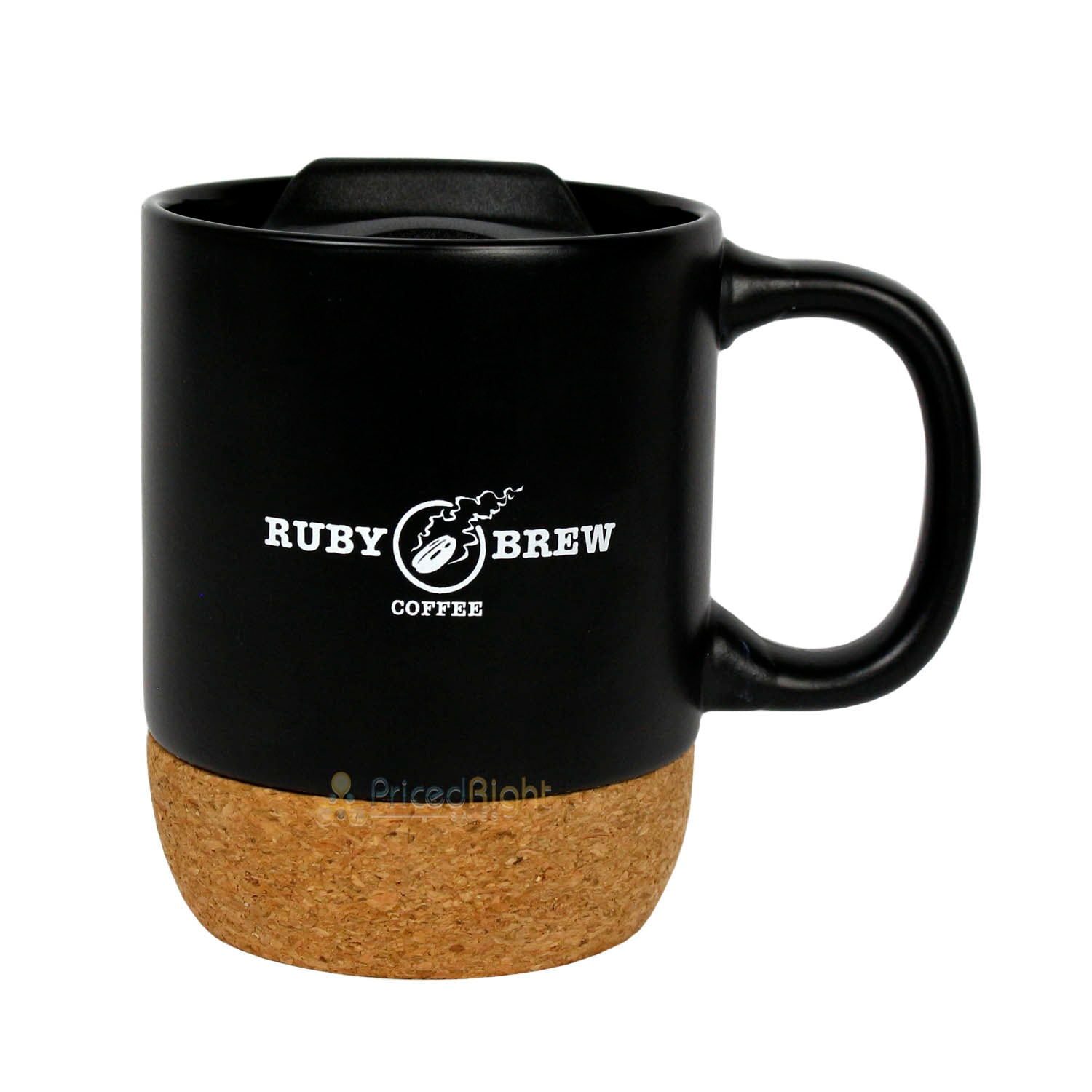 Ruby Brew Cork Bottom Ceramic Modern Coffee Mug w/ Splash Proof Lid Black 12 oz