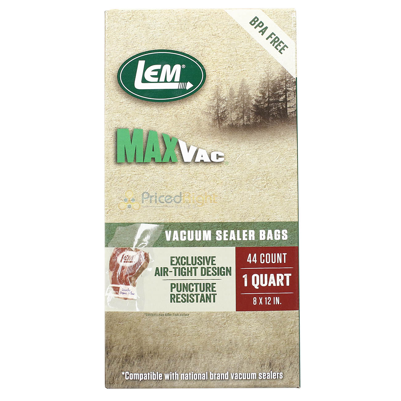 LEM MaxVac 44 Count 8" x 12" Quart Size Sturdy Vacuum Sealer Bags BPA Free 1387