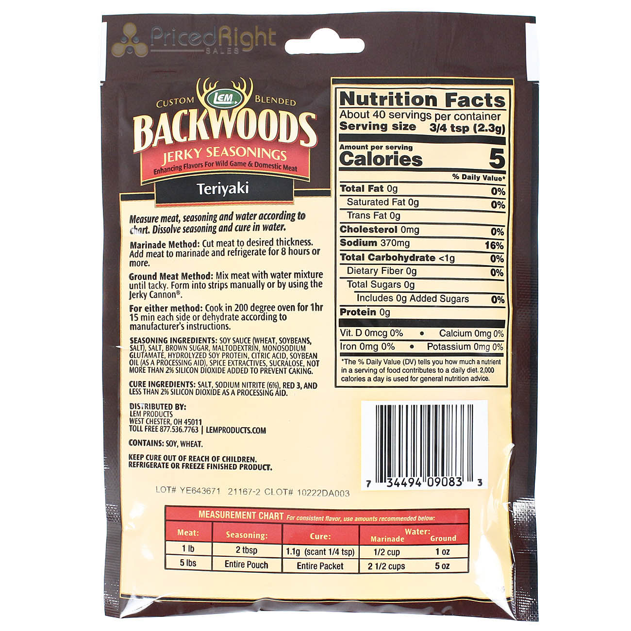 Backwoods 3.2 Oz Teriyaki Jerky Seasoning Cure Packet Makes 5 Lbs of Meat 9083