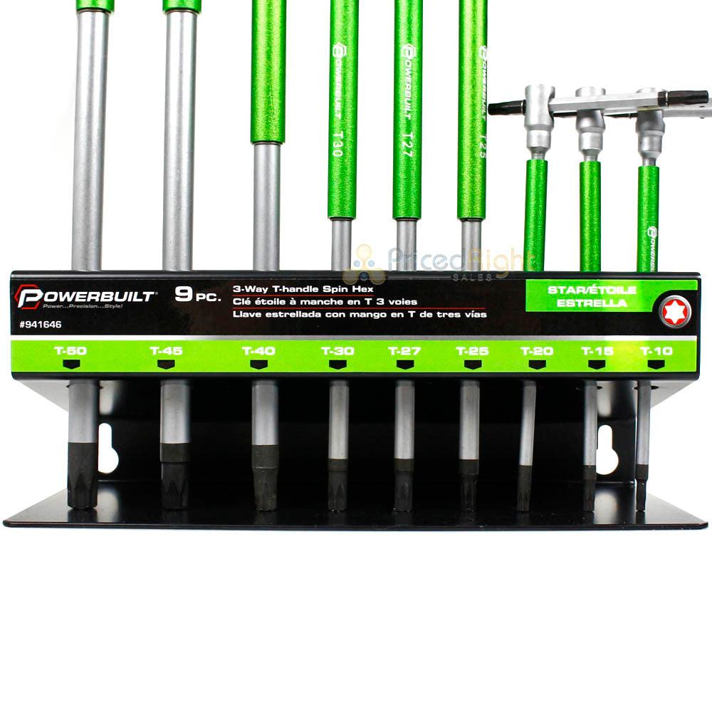 Powerbuilt 9 Pc 3 Way T-Handle Torx Key Wrench Set Storage Rack 941646 Green
