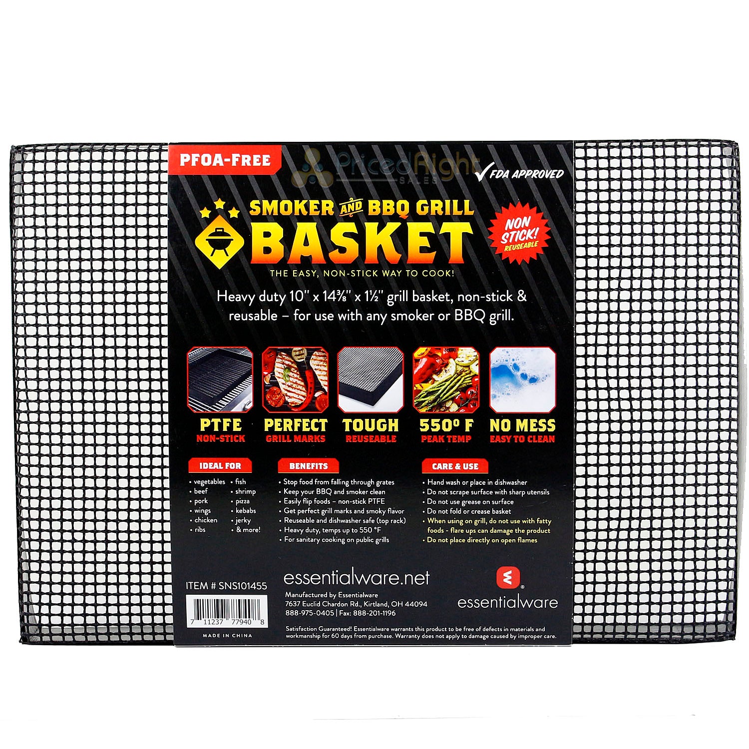 Heavy Duty Smoker & BBQ Grill Basket 10" x 14.3" x 1.5" Non-Stick PTFE Wide Mesh