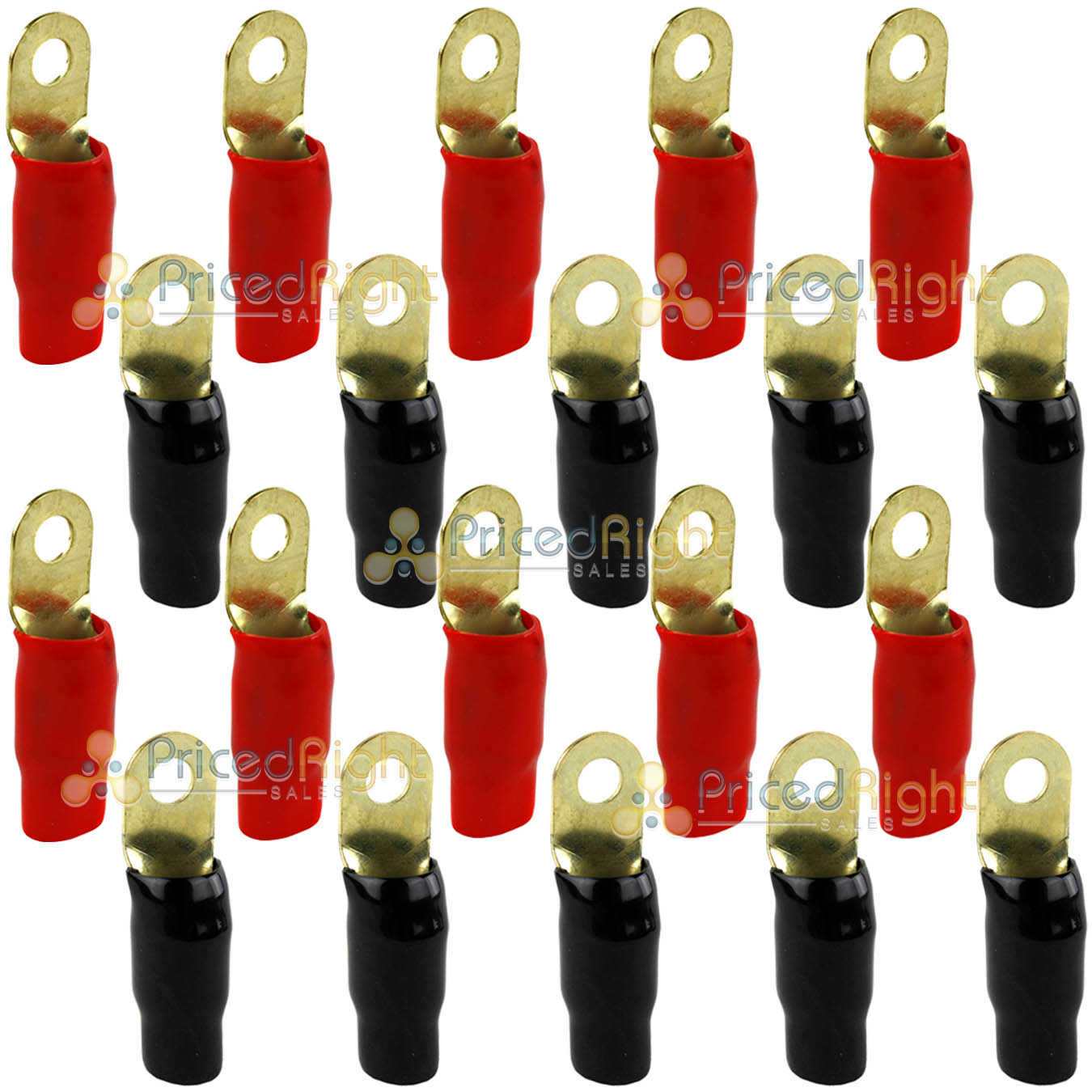Bullz Audio Ring Terminals 1/0 Gauge 5/16" Hole Gold Plated Red Black 20 Pack