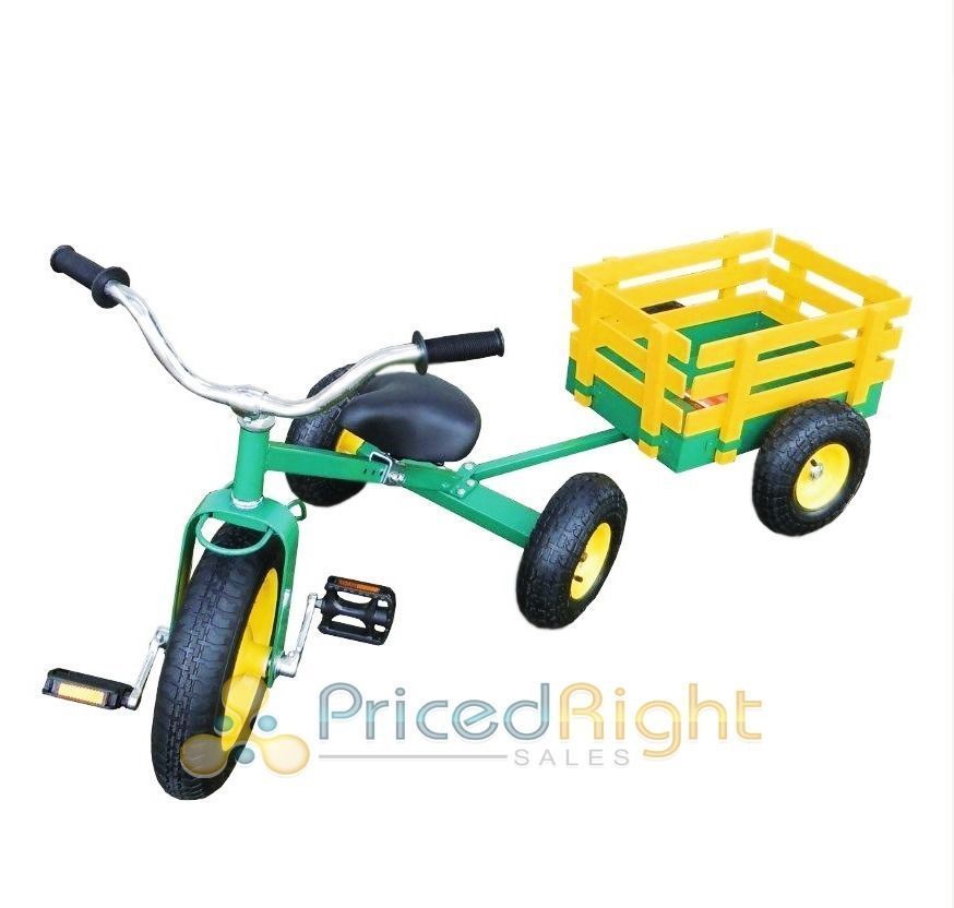 Classic Tricycle with Wagon Set Pull Along Trike Toy Outdoors Kids Exercise