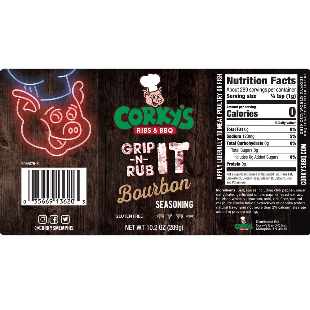 Corkys BBQ Grip N Rub Bourbon Seasoning 10.2 Oz Bottle Gluten Free CK03005