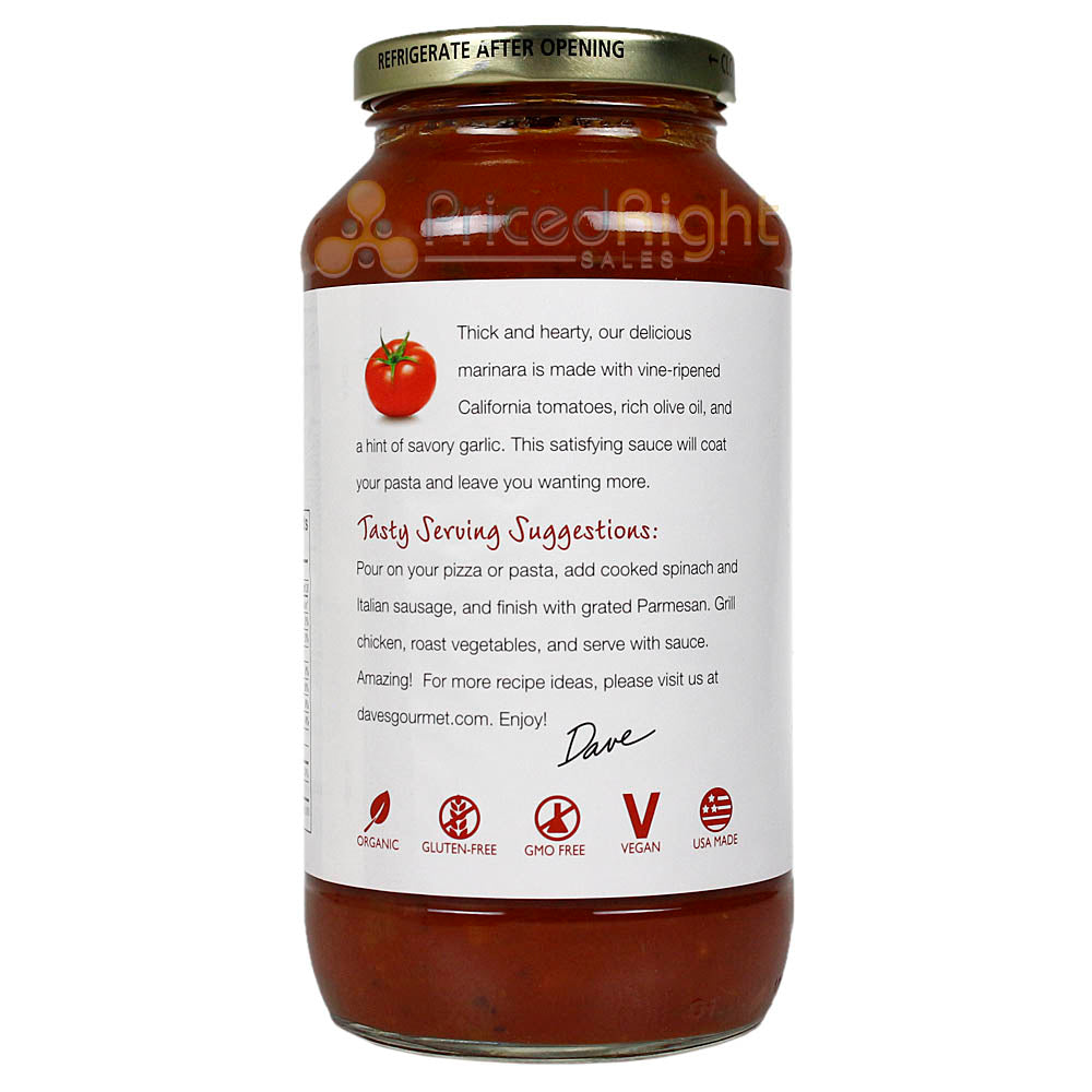 Daves Gourmet Foods Organic Hearty Marinara Pasta Sauce 25.5 Oz Non GMO DAHPS-6