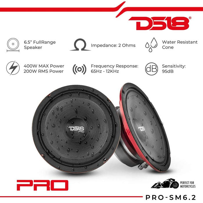 DS18 PRO-SM6.2 6.5" Motorcycle Midrange Speaker 400W Max 2 Ohm IP66 Rated 2 Pack