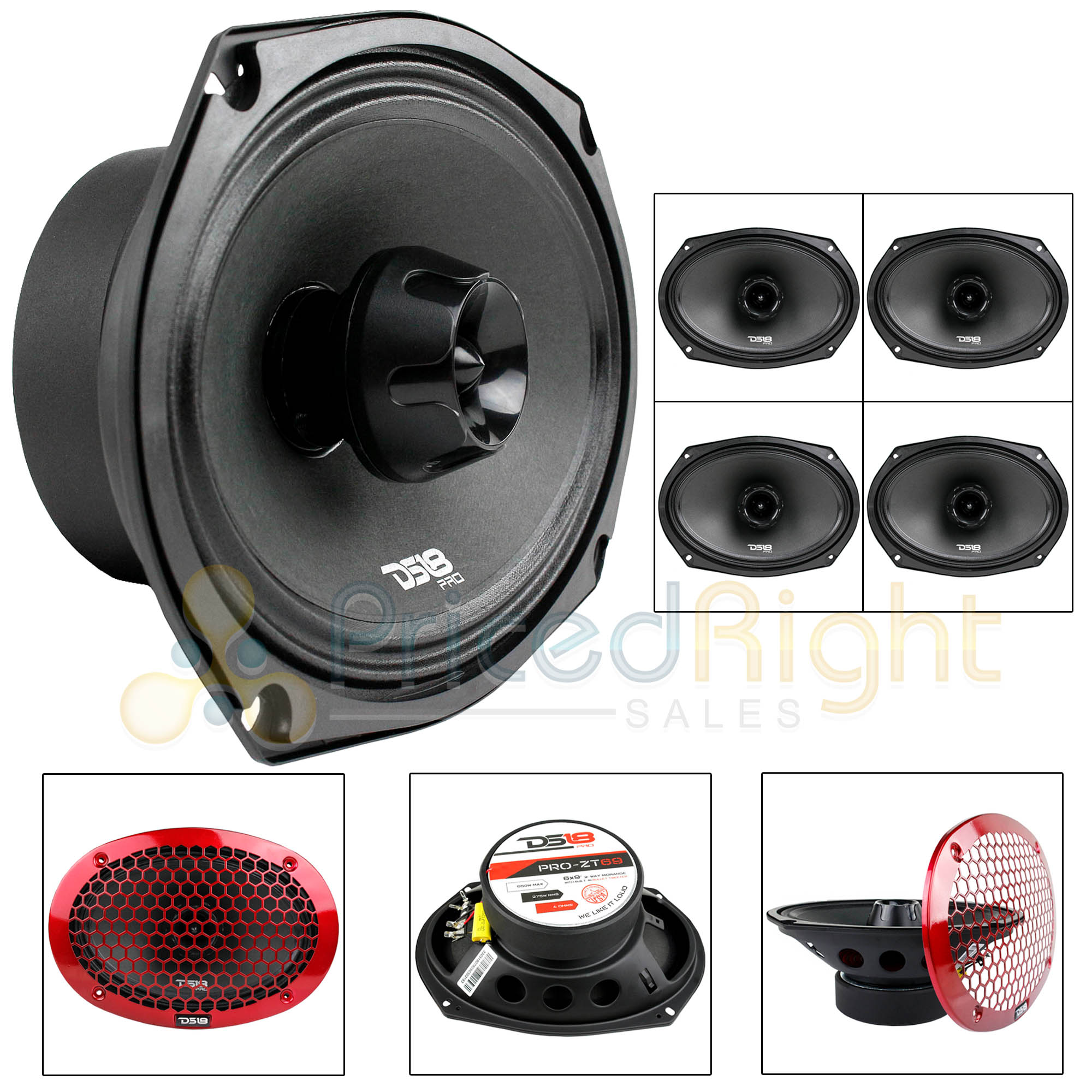 4 Pack 6x9" Midrange Speakers Built In Tweeter 550 Watts Max 4 ohm DS18 PRO-ZT69