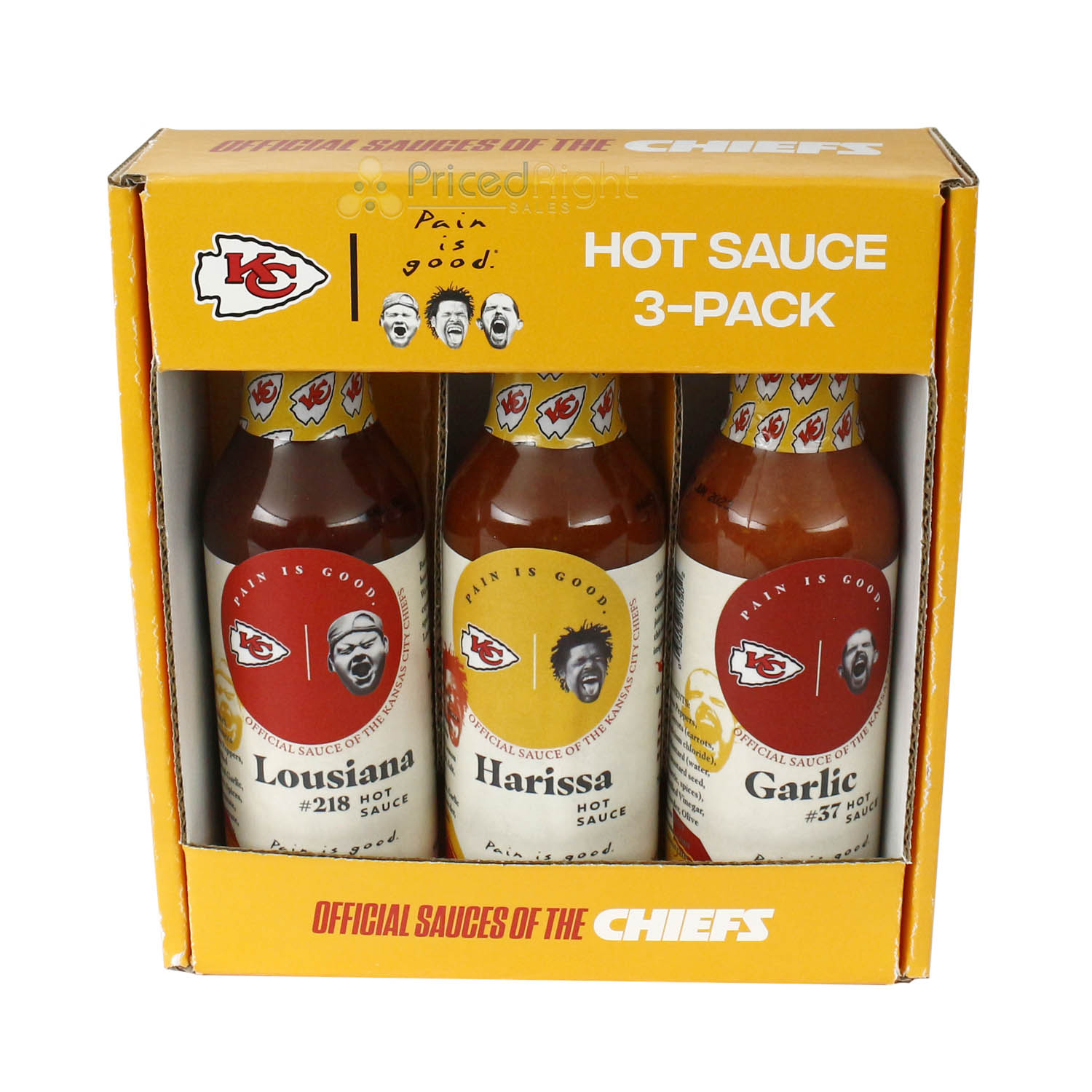 Kansas City Chiefs Pain Is Good Hot Sauce 3 Pack Lousiana Harissa Garlic 5 oz