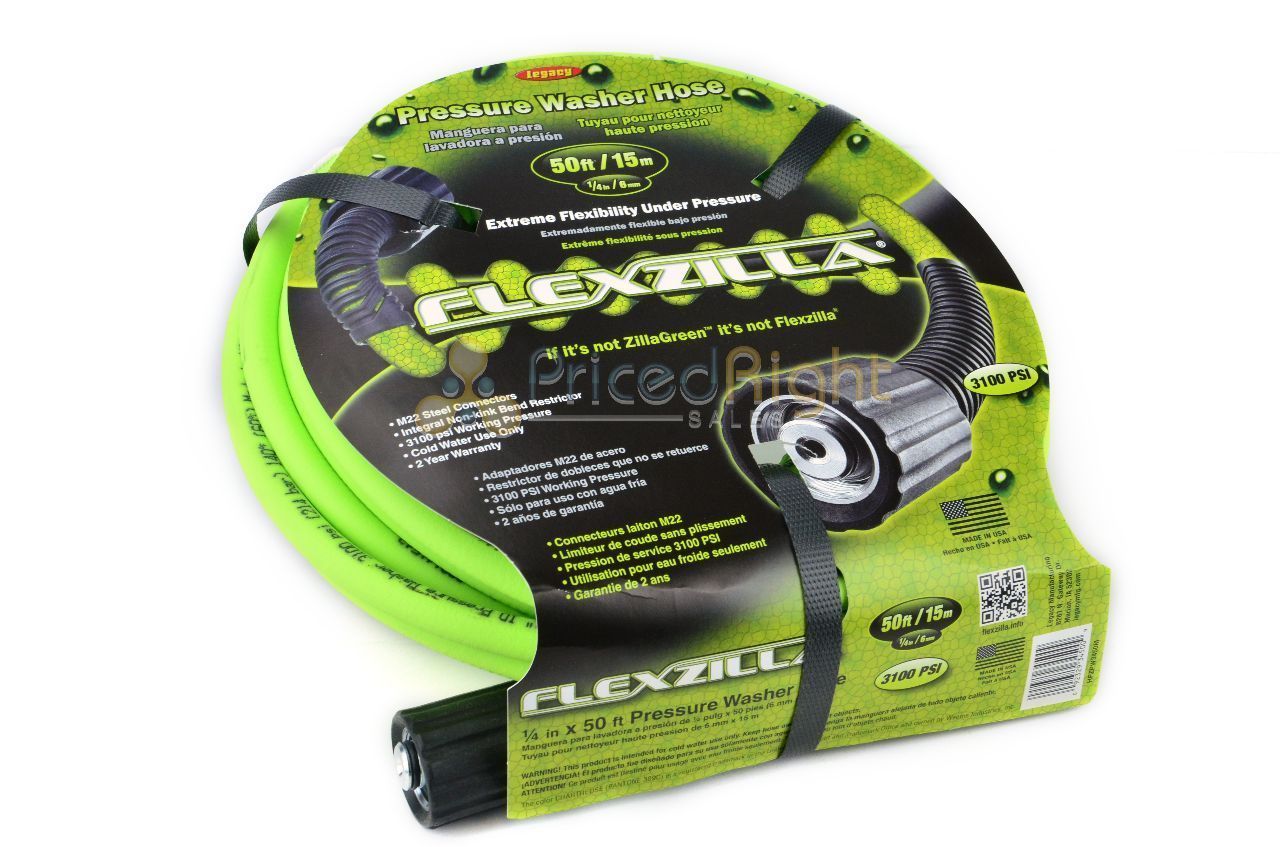 Flexzilla Pressure Washer Hose 1/4 in x 50 ft Legacy USA 3100 PSI Cold Water