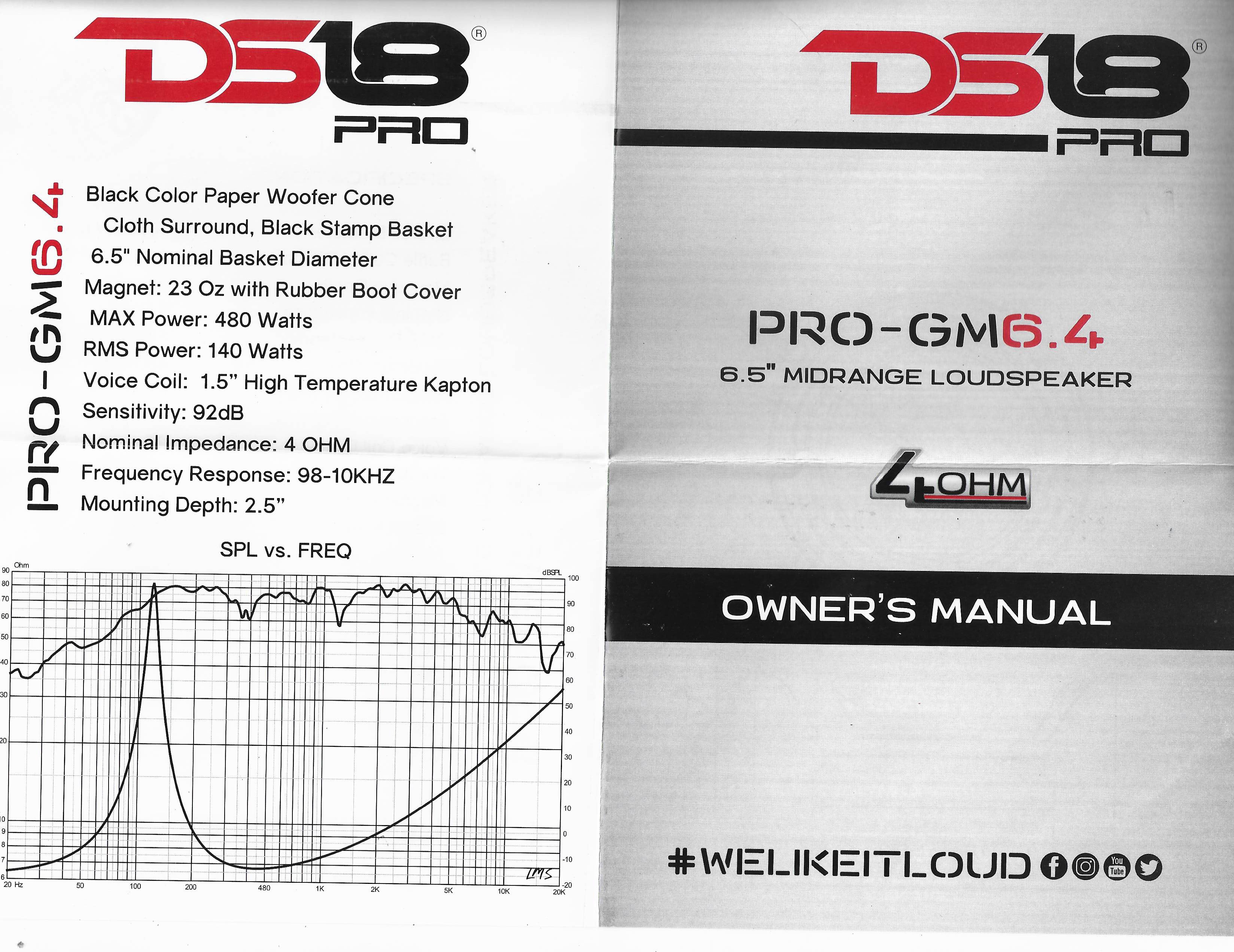 DS18 PRO-GM6.4 6.5" Midrange Loud Speaker 4 Ohm 480 Watts Max Mid Range Single