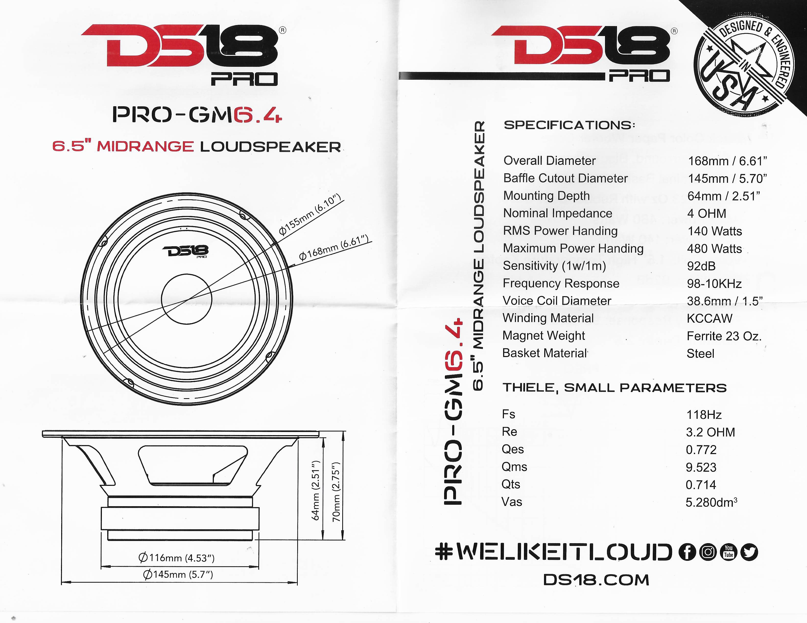 4 Pack DS18 PRO-GM6.4 6.5" Midrange Speakers 4 Ohm 1920W Max Mid Range Car Audio