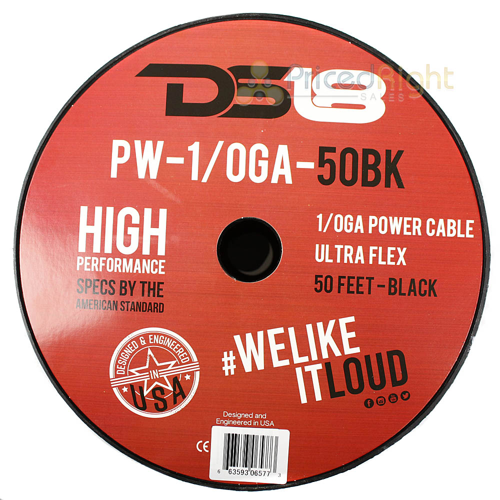 DS18 1/0 Gauge Power Wire Ground 50 Ft Spool CCA Ultra Flex PW-1/0GA-50BK Black